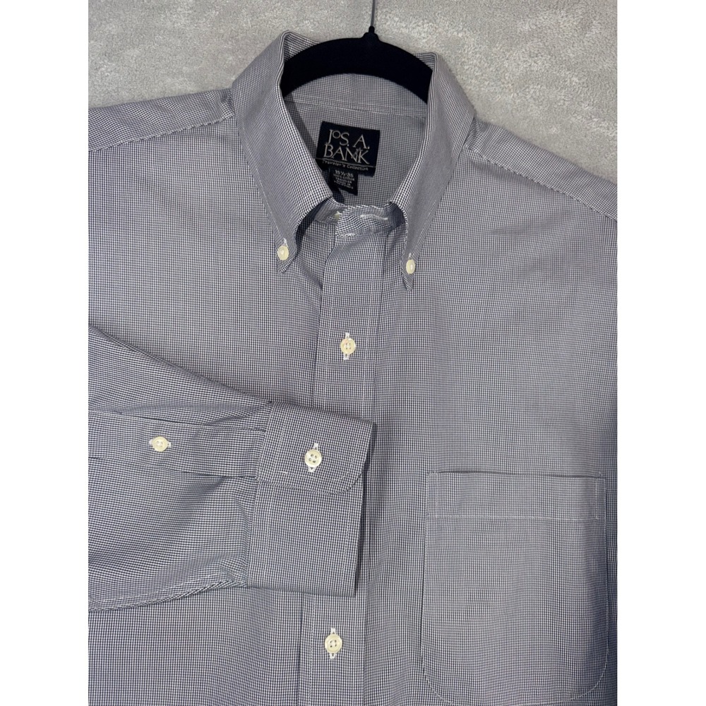 Jos A Bank Travelers Collection Mens 15.5X35 Blue Micro Check Dress Shirt Cotton